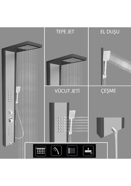 Çift Renk (Metalik Füme-Silver Gri) Masajlı Duş Paneli - Dikey Jakuzi - Robot Duş - El Duşu - Lüx modelleri
