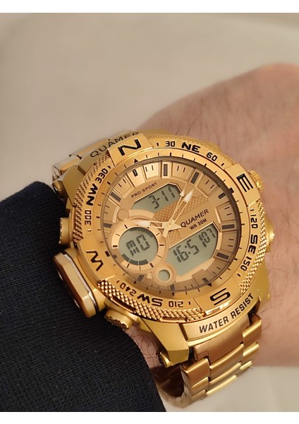 Erkek Kol Saati Analog ve Digital Metal Sarı Kordonlu 2177
