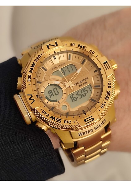 Erkek Kol Saati Analog ve Digital Metal Sarı Kordonlu 2177