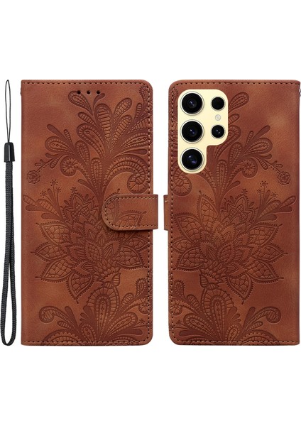 Samsung Galaxy S25 Ultra Kılıf Baskılı Dantel Çiçek Pu Deri Cüzdan Telefon Kapağı-Kahverengi (Yurt Dışından)