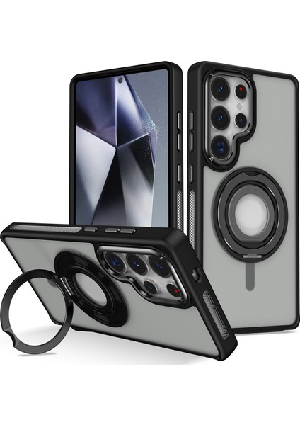 Samsung Galaxy S25 Ultra Kılıf Tpu+Pc Mat Arka Plaka Telefon Kapağı Silikon Halkalı Kickstand-Siyah (Yurt Dışından)