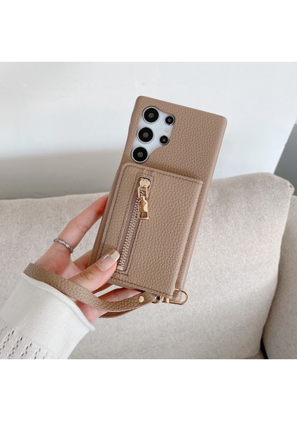 Samsung Galaxy S25 Ultra Kılıf Kart Yuvaları Kickstand Pu Deri Fermuarlı Cepli Arka Kapak, Bilek Askılı-Açık Kahve (Yurt Dışından)