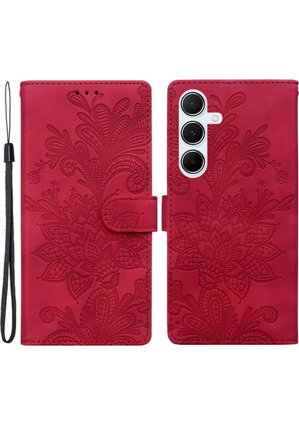 Samsung Galaxy A55 5g Kılıf Baskılı Dantel Çiçek Pu Deri Cüzdan Telefon Kapağı-Kırmızı (Yurt Dışından)