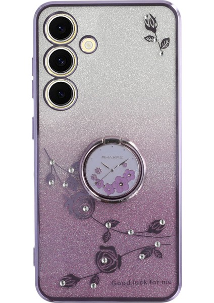 Kadem Samsung Galaxy S24 Fe Kılıf Yüzük Kickstand Tpu Çiçekler Telefon Kapağı Degrade Glitter-Mor (Yurt Dışından)