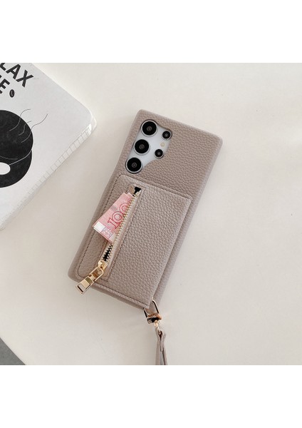 Samsung Galaxy S25 Ultra Kılıf Kart Yuvaları Kickstand Pu Deri Fermuarlı Cepli Arka Kapak, Bilek Kayışı-Gri (Yurt Dışından) fiyatları