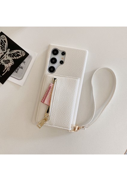 Samsung Galaxy S25 Ultra Kılıf Kart Yuvaları Kickstand Pu Deri Fermuarlı Cepli Arka Kapak, Bilek Kayışı-Beyaz (Yurt Dışından)
