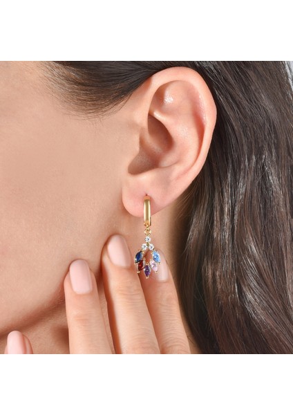 14 Ayar Altın Kaplama Renkli Çiçek Yaprağı Sallantılı Gümüş Küpe - ES00151