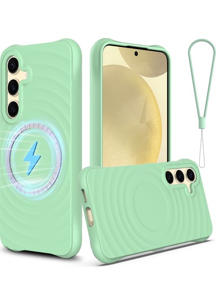 Samsung Galaxy S25+ Kılıf Magsafe ile Uyumlu Dalgalanma Dokulu Sıvı Silikon Koruyucu Kapak Kayışlı-Yeşil (Yurt Dışından)