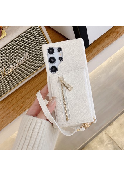 Samsung Galaxy S25 Ultra Kılıf Kart Yuvaları Kickstand Pu Deri Fermuarlı Cepli Arka Kapak, Bilek Kayışı-Beyaz (Yurt Dışından) fırsatları