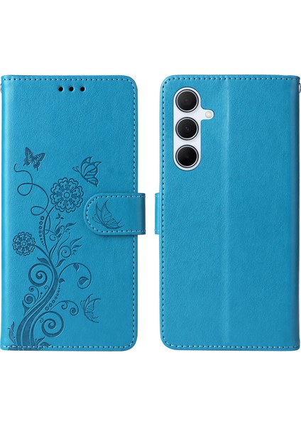 Samsung Galaxy A56 5G/A36 5g Deri Kılıf Çiçek Baskılı Cüzdan Standı Kapak-Mavi (Yurt Dışından)
