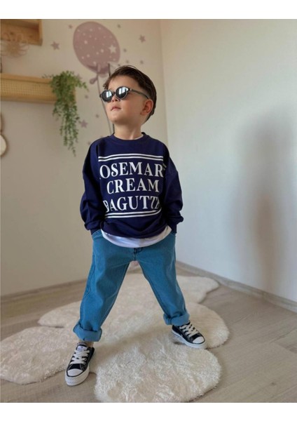 Lacivert, Baskılı Sweatshirt, Kot Pantolonlu Erkek Çocuk Takım