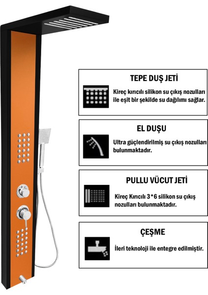 Çift Renk (Siyah-Bakır) Masajlı Duş Paneli - Dikey Jakuzi - Robot Duş - El Duşu - Lüx