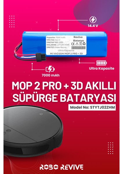 Xiaomi Mi Vacuum Mop 2 Pro Plus 3D Robot Süpürge Bataryası (Ultra Kapasite) 14.4V 7000MAH Pil