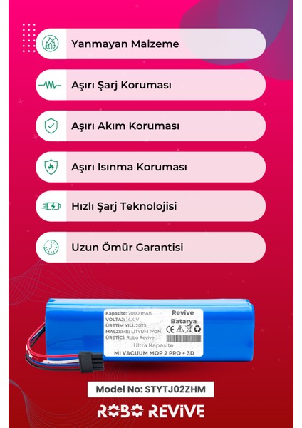 Xiaomi Mi Vacuum Mop 2 Pro Plus 3D Robot Süpürge Bataryası (Ultra Kapasite) 14.4V 7000MAH Pil