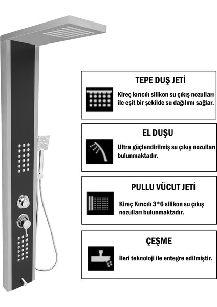 Çift Renk (Silver Gri-Antrasit Gri) Masajlı Duş Paneli - Dikey Jakuzi - Robot Duş - El Duşu - Lüx
