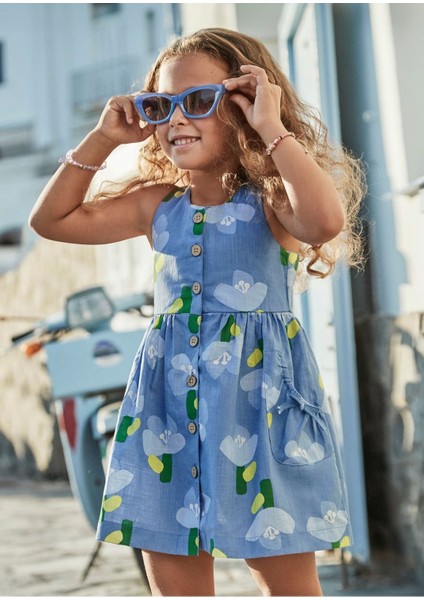 Kız Çocuk Düğmeli Çiçek Desenli Elbise 3960 Mavi
