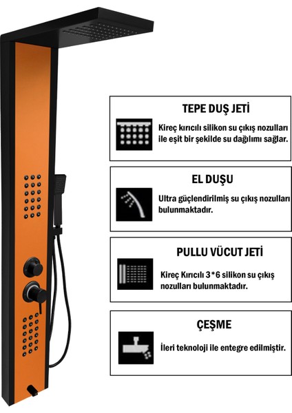Çift Renk (Siyah-Bakır) Premium Masajlı Duş Paneli - Dikey Jakuzi - Robot Duş - El Duşu - Lüx