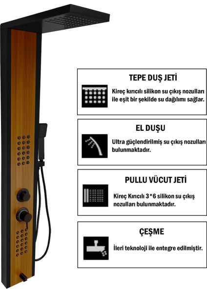 Çift Renk (Siyah-Teak Ağacı Desenli) Premium Masajlı Duş Paneli - Dikey Jakuzi - Robot Duş - El Duşu