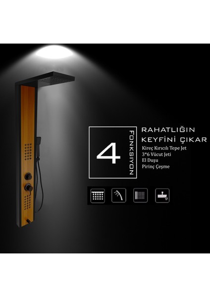 Çift Renk (Siyah-Teak Ağacı Desenli) Premium Masajlı Duş Paneli - Dikey Jakuzi - Robot Duş - El Duşu