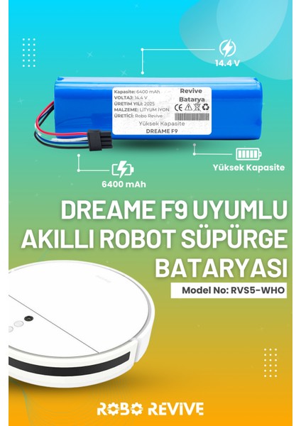 Dreame F9 Uyumlu Akıllı Robot Süpürge Bataryası (Yüksek Kapasite) 14.4V 6400MAH Li-Ion Pil