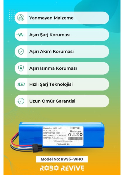 Dreame F9 Uyumlu Akıllı Robot Süpürge Bataryası (Yüksek Kapasite) 14.4V 6400MAH Li-Ion Pil