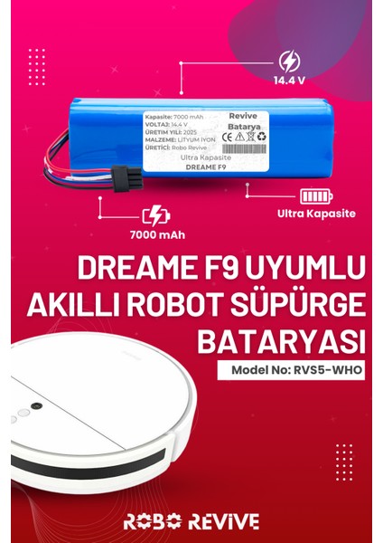Dreame F9 Uyumlu Akıllı Robot Süpürge Bataryası (Ultra Kapasite) 14.4V 7000MAH Li-Ion Pil