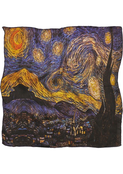%100 Ipek Bandana FULAR(55X55 Cm)- Vincent Van Gogh (Yıldızlı Gece)