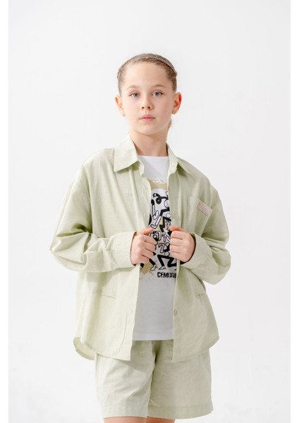 Kız Çocuk Yan Pileli Gömlek T-Shirt Ikili Takım 1809