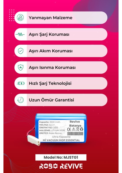 Xiaomi Mi Vacuum Mop G1 2in1 Essential Robot Süpürge Bataryası (Ultra Kapasite) 14.4V 3500MAH Pil fiyatları
