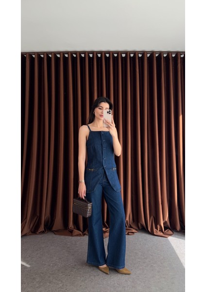 Gold Detaylı Denim Takım