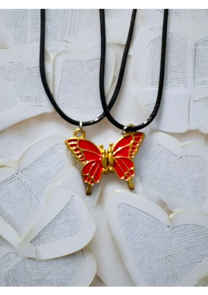 Kelebek Kırmızı Renkli Iki Adet Mıknatıslı Çift Sevgili Anahtarlık