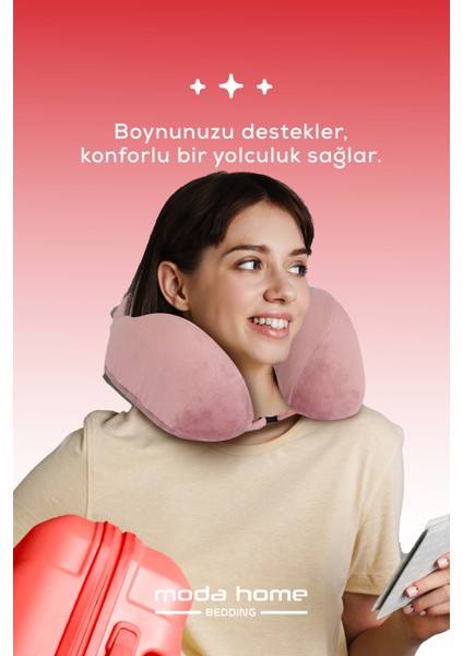Visco Ortopedik Seyahat Yastığı-Visco Yastık,çıkarılabilir Kılıf, Lüks Seyahat Yastığı Pembe