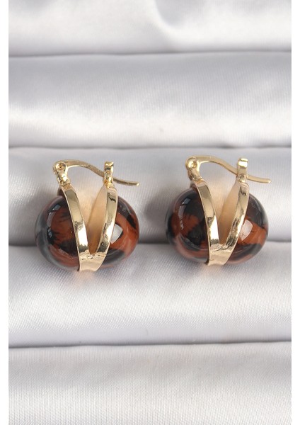 Pirinç Gold Renk Leopar Desen 3D Daire Model Kadın Küpe