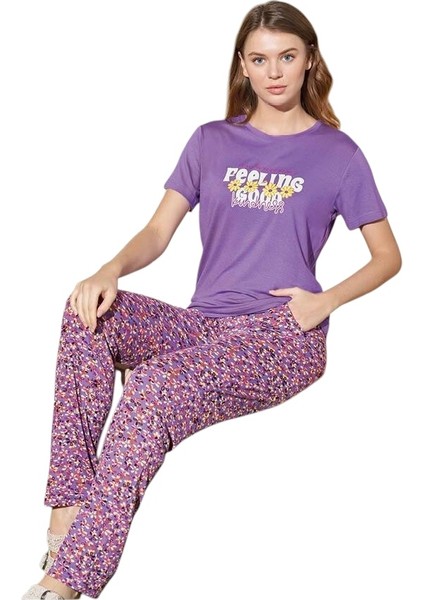 Kadın Mor Viskon Kısa Kollu Pijama Takımı 240955