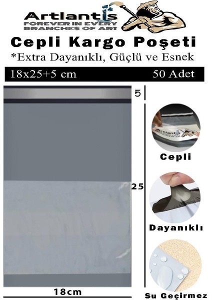 Plastik Kargo Poşeti Cepli 18X25+5 cm 50 Adet 1 Paket Ekonomik Cepli Kargo Poşeti Dayanıklı Gri Esnek
