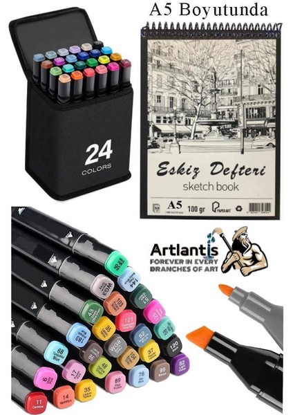 Eskiz Defteri A5 50 Yaprak 100 gr 1 Adet 24 Renk Çift Taraflı Marker Kalem 24 Adet Touch Çift Uçlu