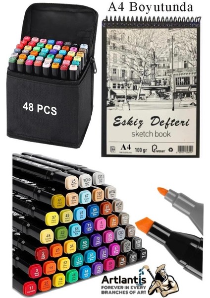Eskiz Defteri A4 50 Yaprak 100 gr 1 Adet 48 Renk Çift Taraflı Marker Kalem 48 Adet Touch Çift Uçlu
