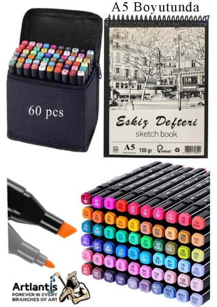 Eskiz Defteri A5 50 Yaprak 100 gr 1 Adet 60 Renk Çift Taraflı Marker Kalem 60 Adet Touch Çift Uçlu