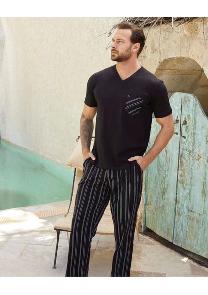 Erkek Siyah Pamuklu Penye Kısa Kollu Pijama Takımı 7961