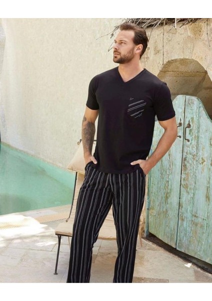 Erkek Siyah Pamuklu Penye Kısa Kollu Pijama Takımı 7961