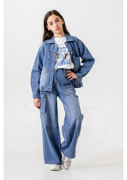 Kız Çocuk Yaka Taşlı Kot Ceket 1548