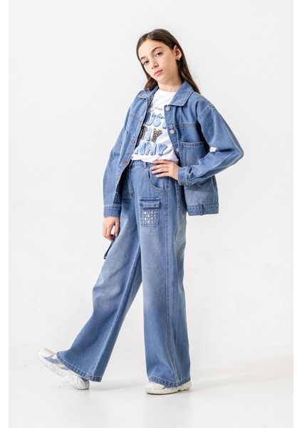 Kız Çocuk Yaka Taşlı Kot Ceket 1548 fiyatları