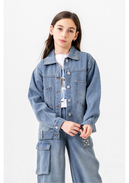 Kız Çocuk Yaka Taşlı Kot Ceket 1548