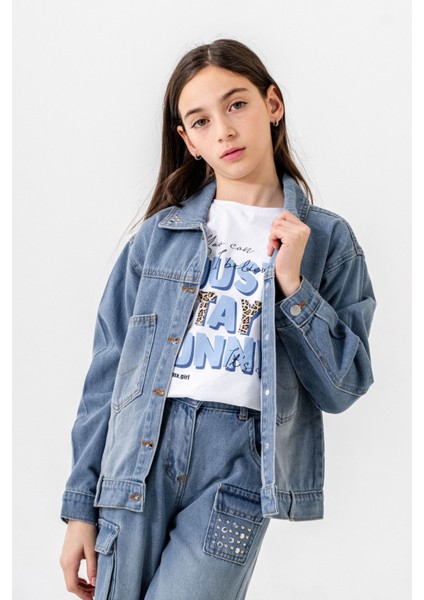 Kız Çocuk Yaka Taşlı Kot Ceket 1548 fiyatları