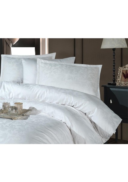Exclusive Jakarlı Çift Kişilik Pamuk Saten Nevresim Takımı Pavaya V1 Beyaz - 235779-1453