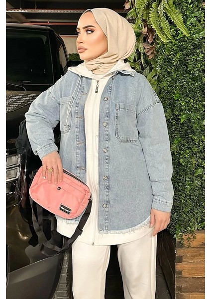 Açık Buz Mavi Kar Yıkama Püskül Detay Kot Ceket Oversize ( Lisinya ) modelleri