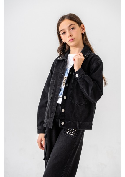 Kız Çocuk Yaka Taşlı Kot Ceket 1548