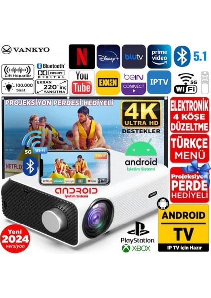 Android Tv 4K Destekli 5g Wifi + Bluetooth 5.1 Projeksiyon Cihazı