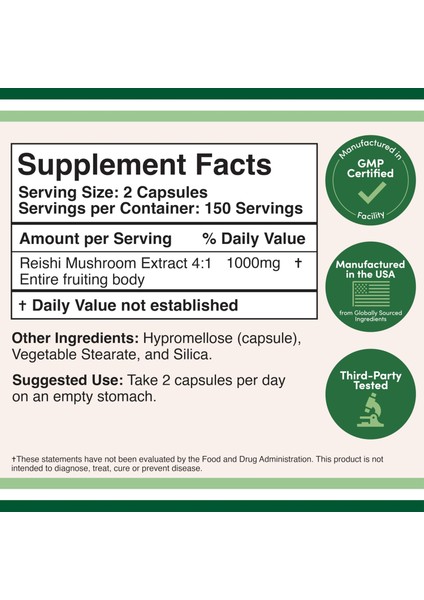 Reishi Mushroom Extract (Mantar Özü Takviyesi) 1000 mg 300 Caps modelleri