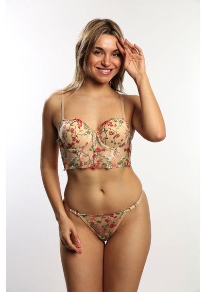 Bralet & Tanga Push Up Çiçek Desenli Tüllü Dolgulu Sütyen Takım Krem